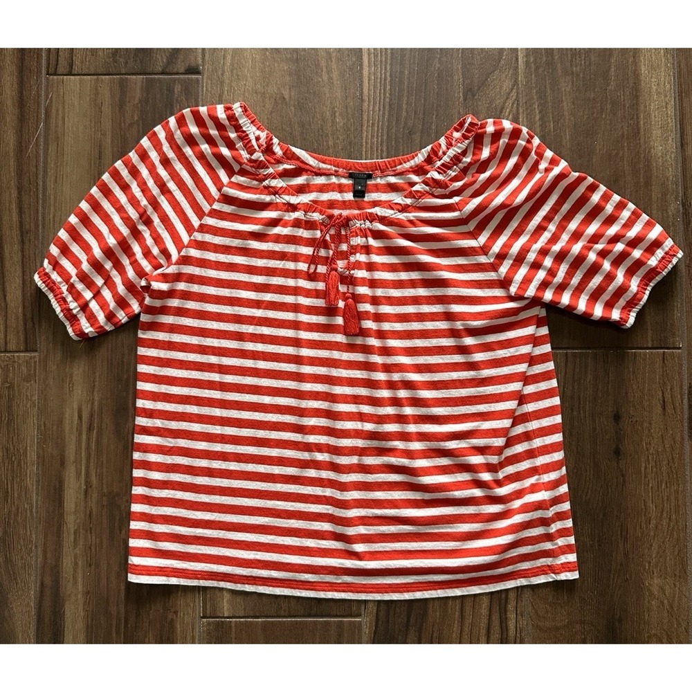 J.Crew Red White Striped Cotton Linen Tassel Peasant Top Blouse F3336 Womens S